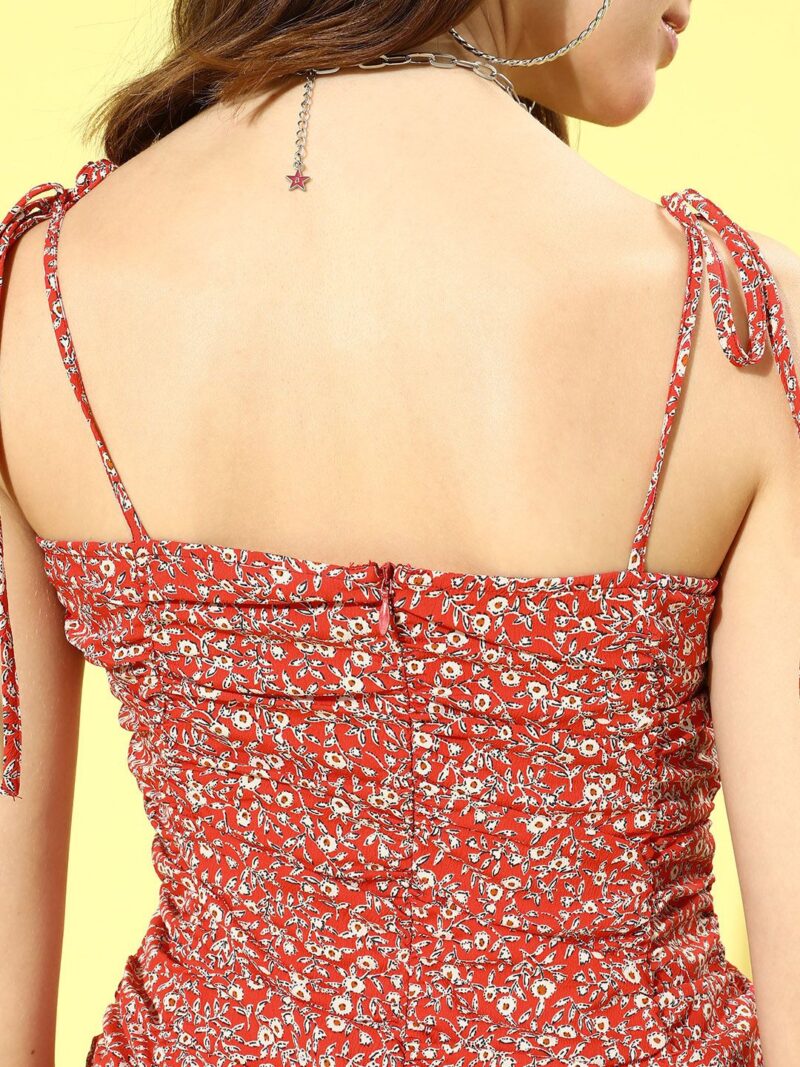 Women Gorgeous Red Floral Ruched Dress - Image 2