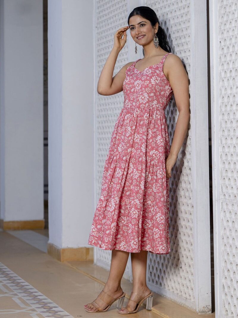 Floral Printed Shoulder Straps Cotton Fit & Flare Midi Dress