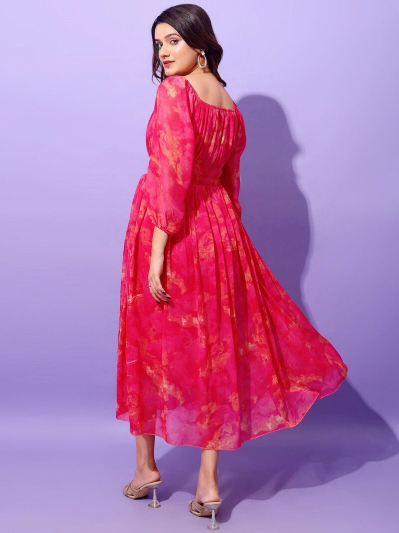 Floral Printed Square Neck Puff Sleeves Georgette Fit & Flare Midi Dress - Image 2