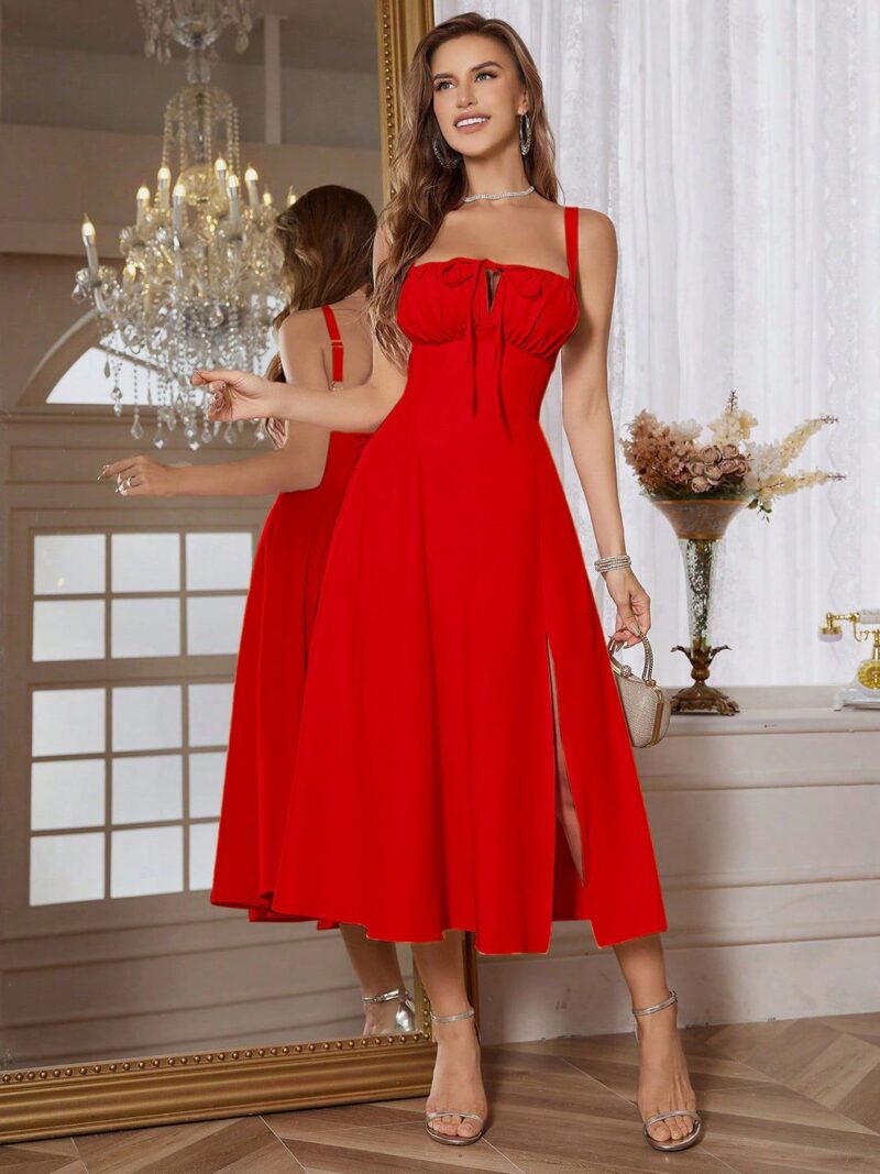 Women Shoulder Straps Slits Fit & Flare Midi Dress