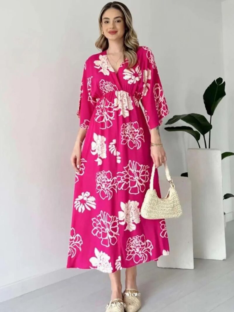 Floral Print Flared Sleeve Fit & Flare Midi Dress