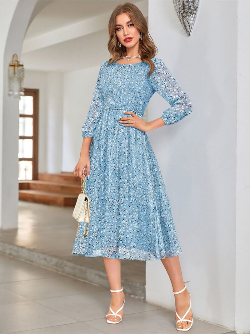 Round Neck Floral Printed Fit and Flare Midi Dress - Image 3