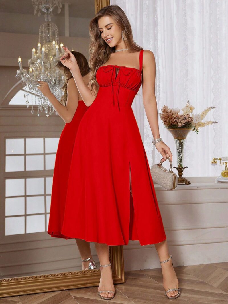 Women Shoulder Straps Slits Fit & Flare Midi Dress - Image 3