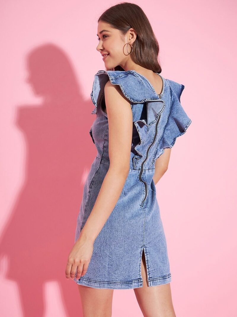 Ruffled Denim Bodycon Dress - Image 3