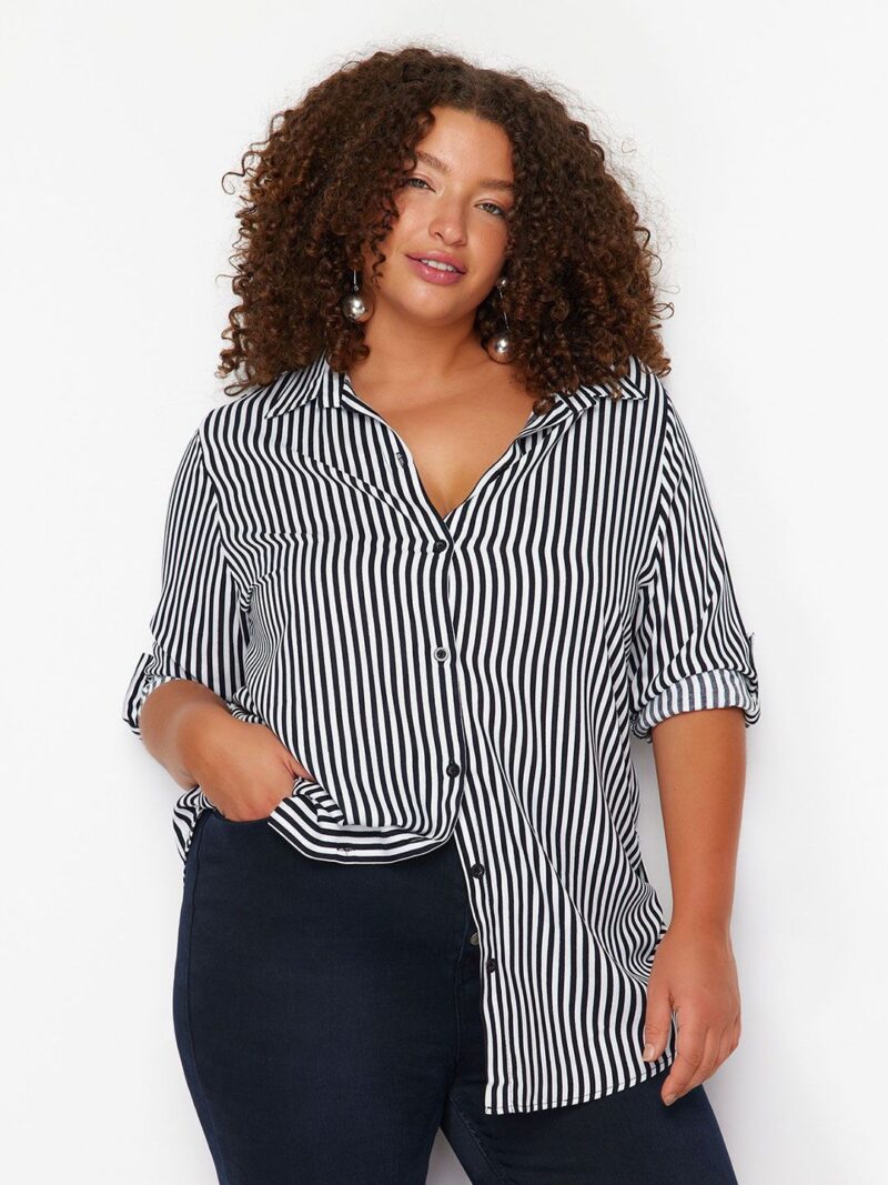 Women Oversized Fit Spread Collar Vertical Striped Casual Shirt
