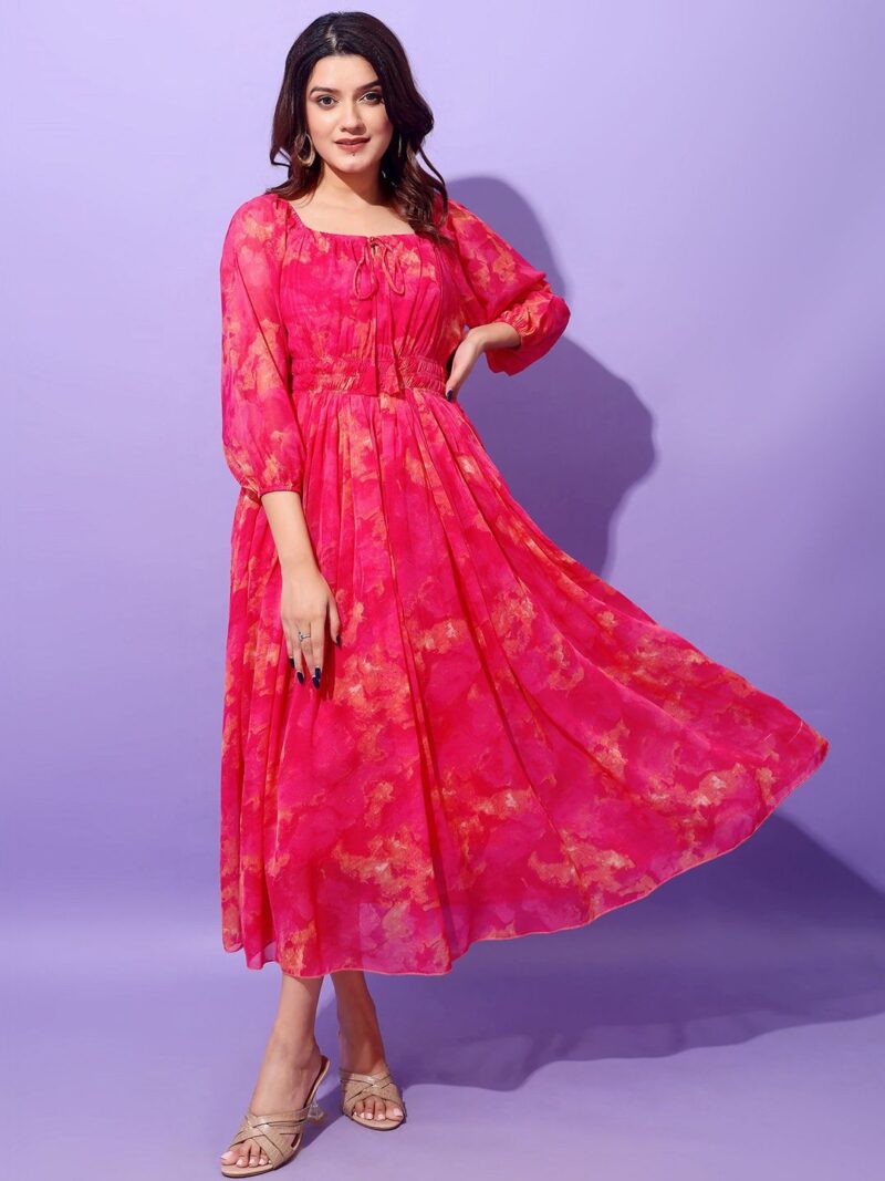 Floral Printed Square Neck Puff Sleeves Georgette Fit & Flare Midi Dress
