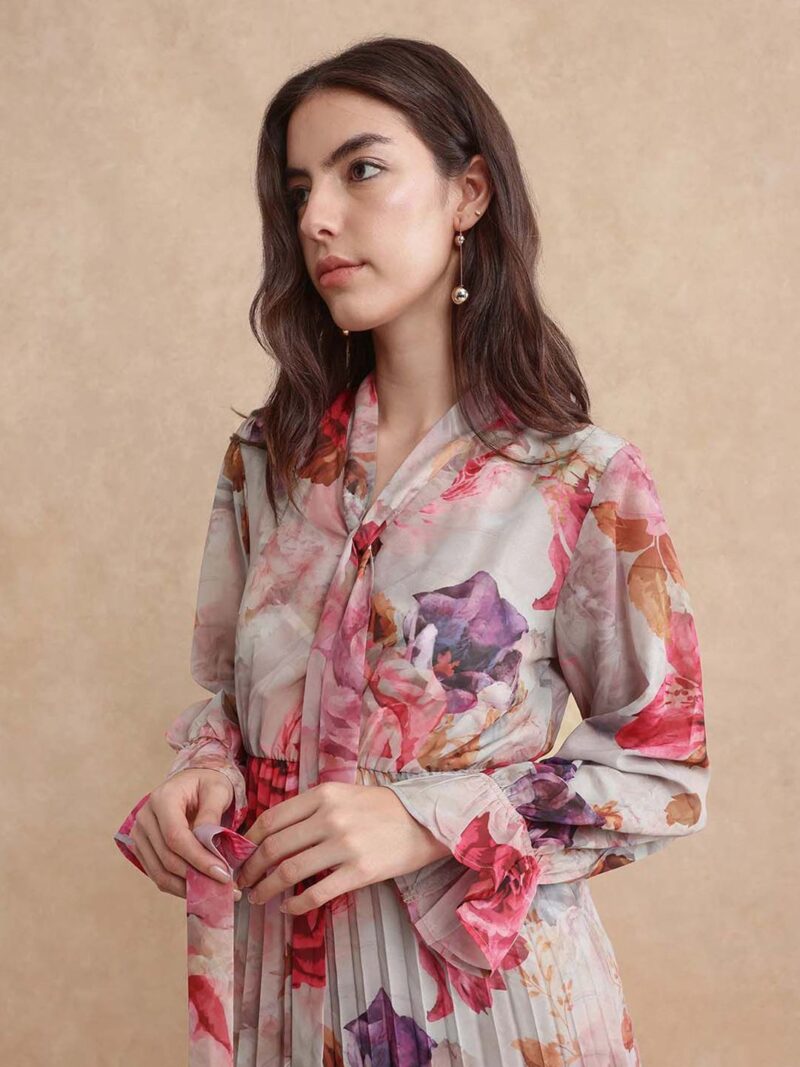 Floral Print Tie-Up Neck A-Line Maxi Dress - Image 2