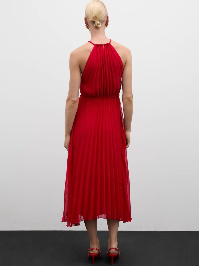 Accordion Pleated Strappy Halter Neck Fit & Flare Midi Dress - Image 2