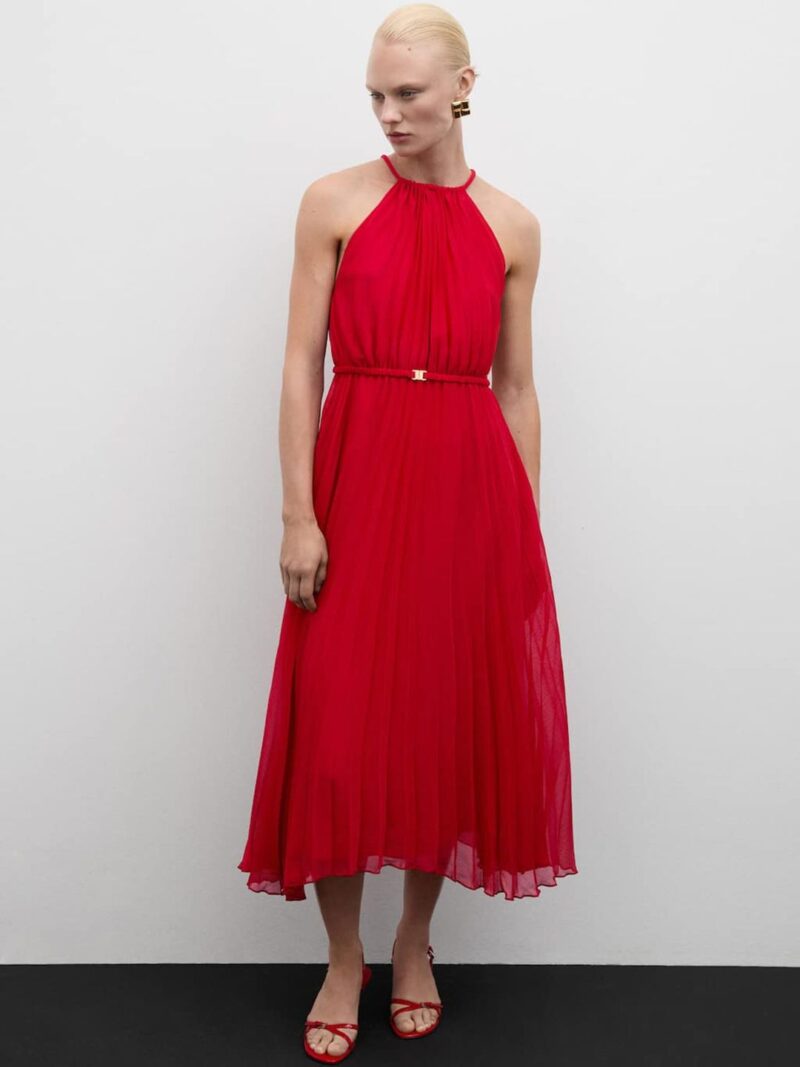 Accordion Pleated Strappy Halter Neck Fit & Flare Midi Dress