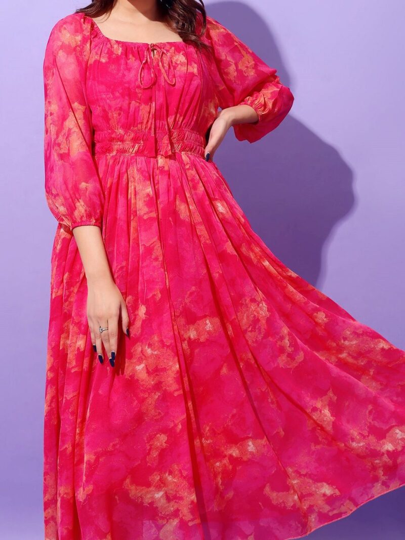 Floral Printed Square Neck Puff Sleeves Georgette Fit & Flare Midi Dress - Image 3