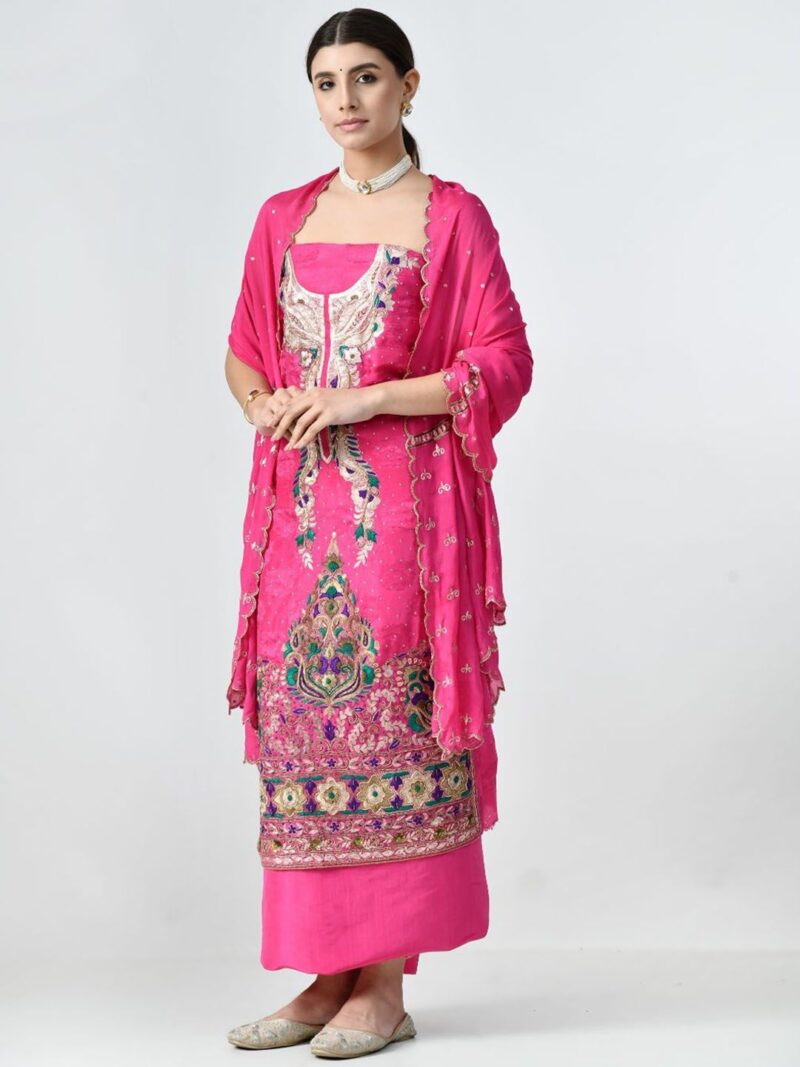 Floral Embroidered Zardozi Unstitched Dress Material - Image 2