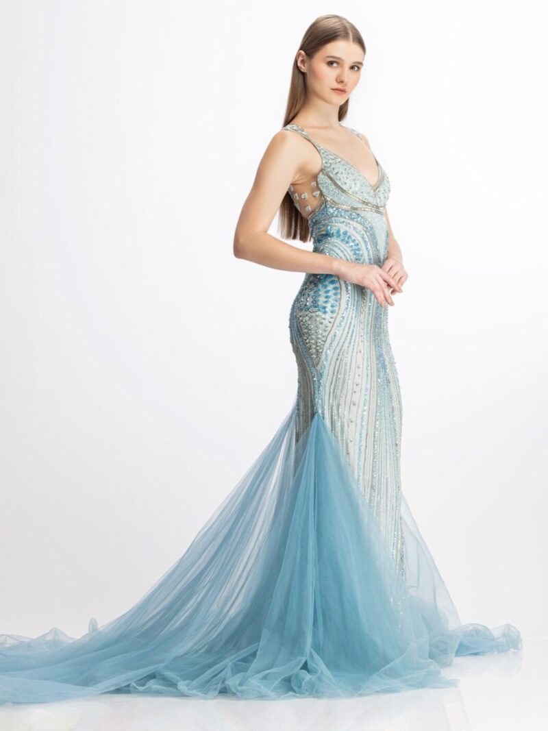 Embellished V-Neck Sleeveless Net Gown Dress - Image 3