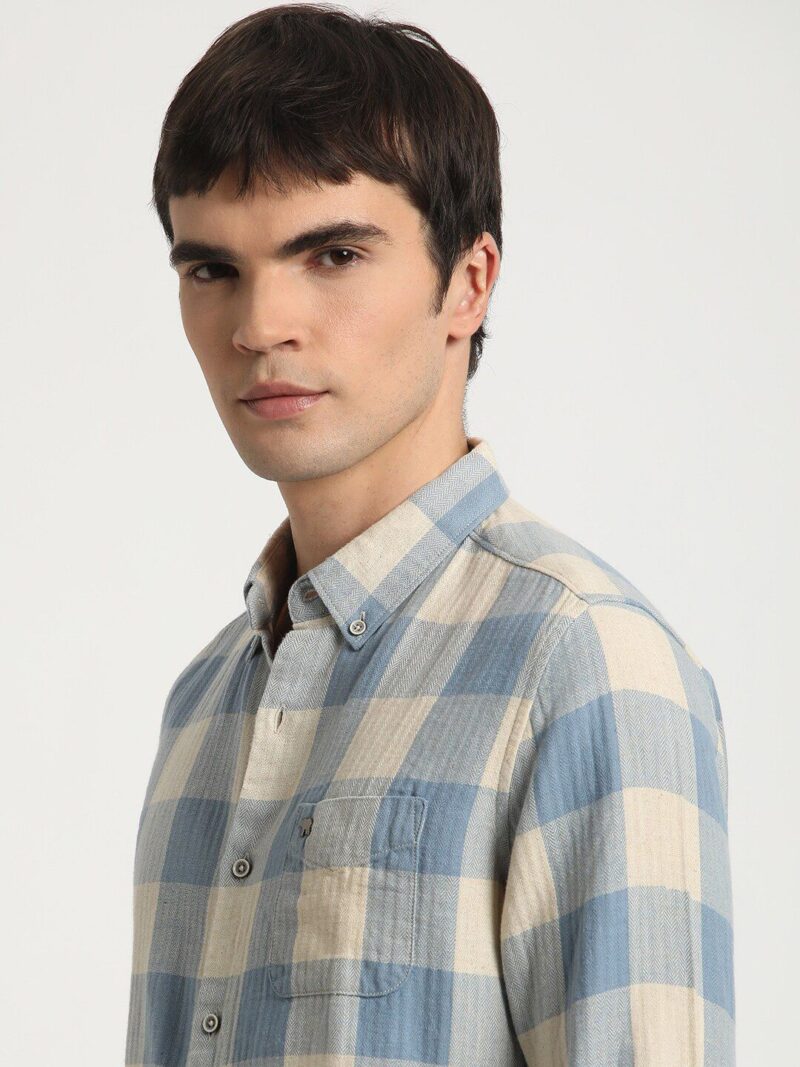 Men Windowpane Checked Slim Fit Cotton Linen Shirt - Image 2