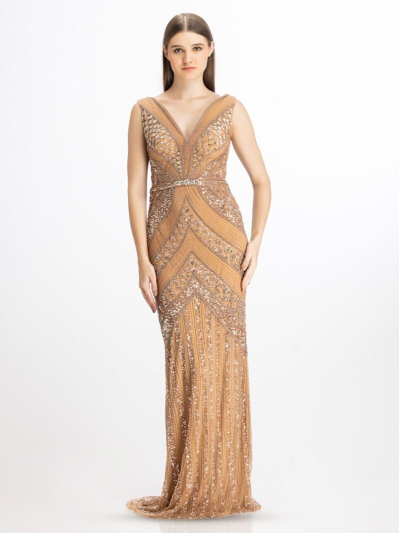 Embellished V-Neck Sleeveless Net Gown Dress - Image 2
