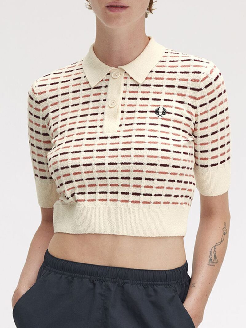 Women Printed Crochet Slim Fit Polo Collar Crop T-shirt