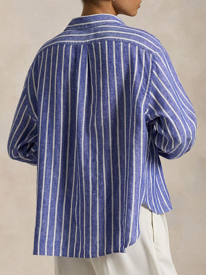 Women Relaxed Fit Spread Collar Vertical Striped Linen Casual Shirt - Image 2