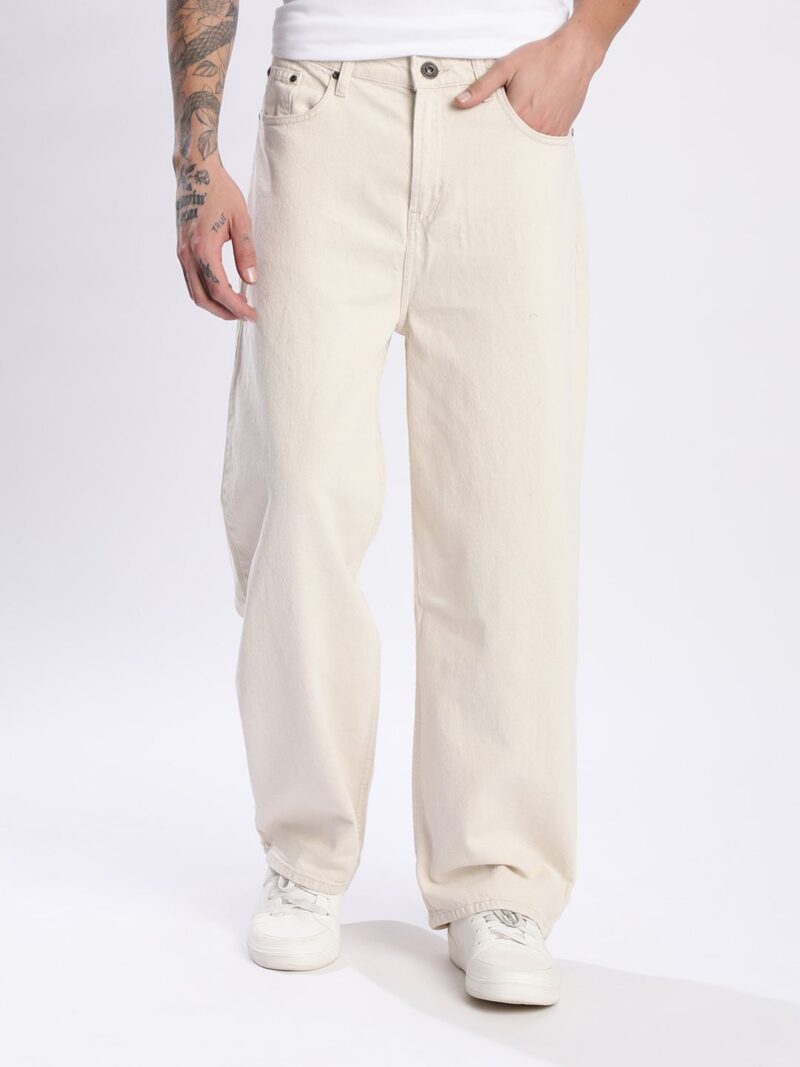 Men Beige Pure Cotton Rigid Baggy Fit Denim Jeans