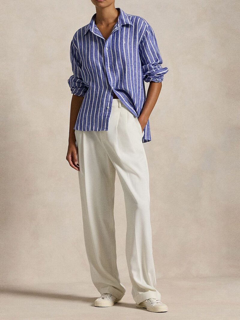 Women Relaxed Fit Spread Collar Vertical Striped Linen Casual Shirt - Image 3
