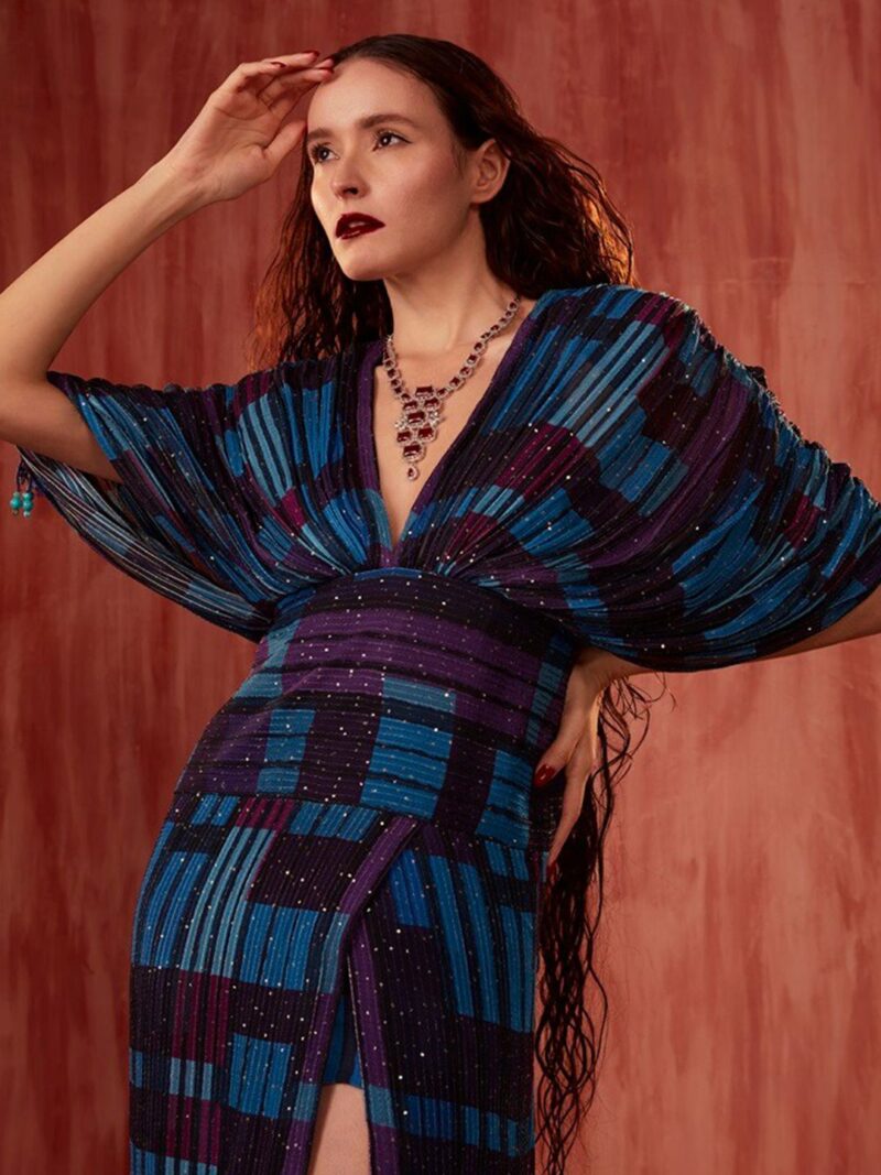 V Neck Print Flutter Sleeves Georgette Midi Dress - Image 3