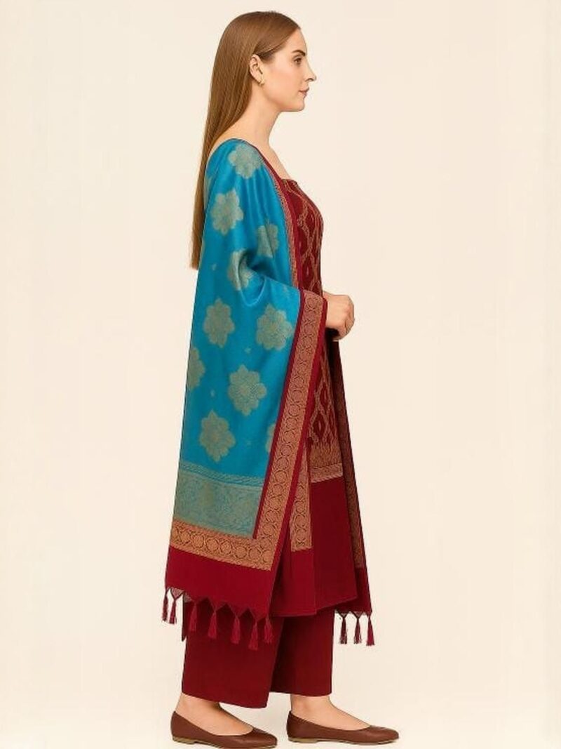 Women Maroon And Blue Embellished Pure Silk Unstitched Dress Material - Image 2