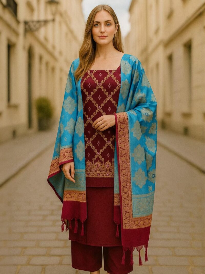 Women Maroon And Blue Embellished Pure Silk Unstitched Dress Material