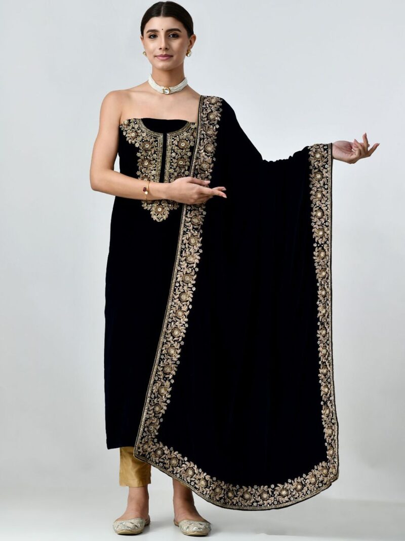 Embroidered Zardozi Velvet Unstitched Dress Material - Image 3