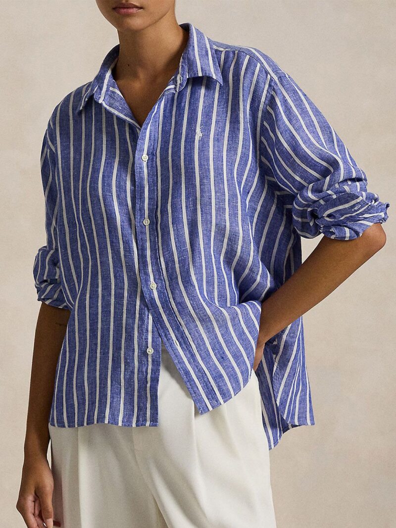 Women Relaxed Fit Spread Collar Vertical Striped Linen Casual Shirt
