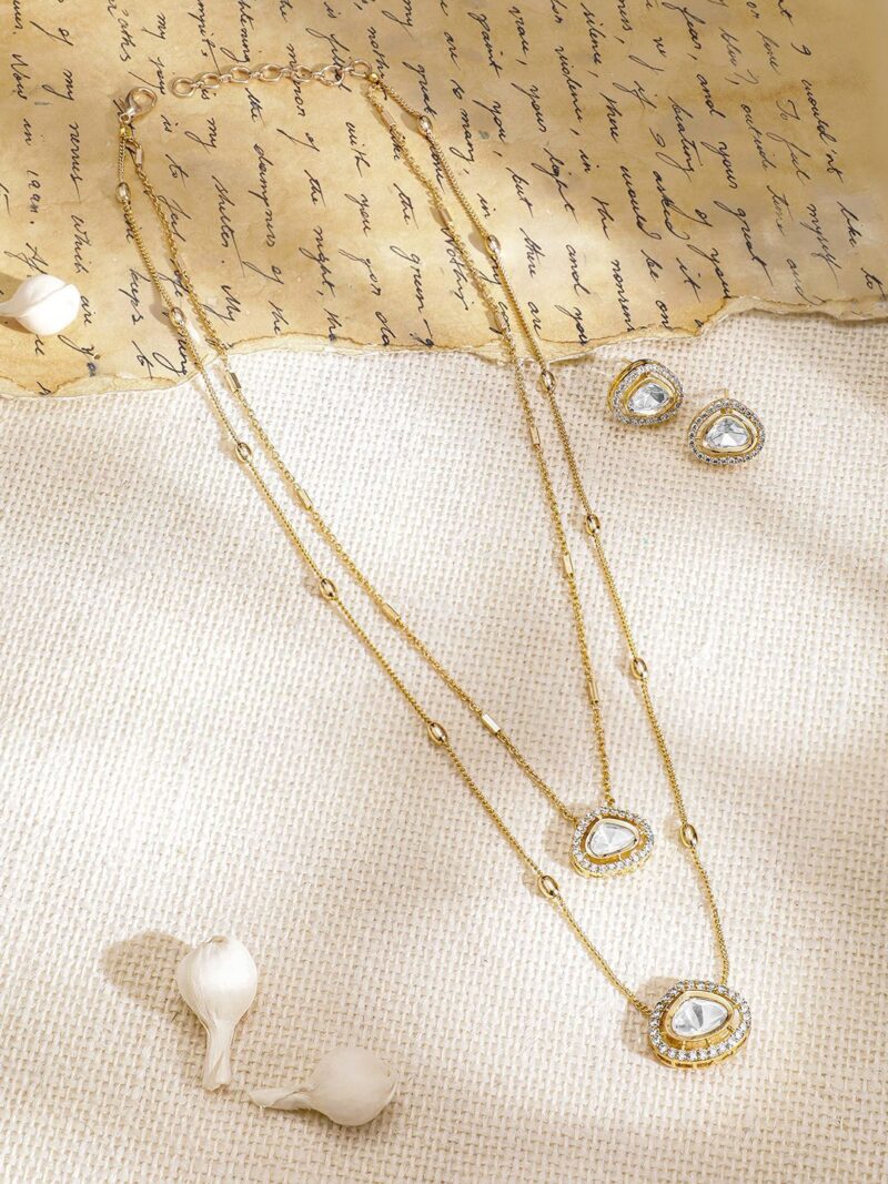 22KT Gold-Plated Polki and Cubic Zirconia Stone-Studded Jewellery Set - Image 3