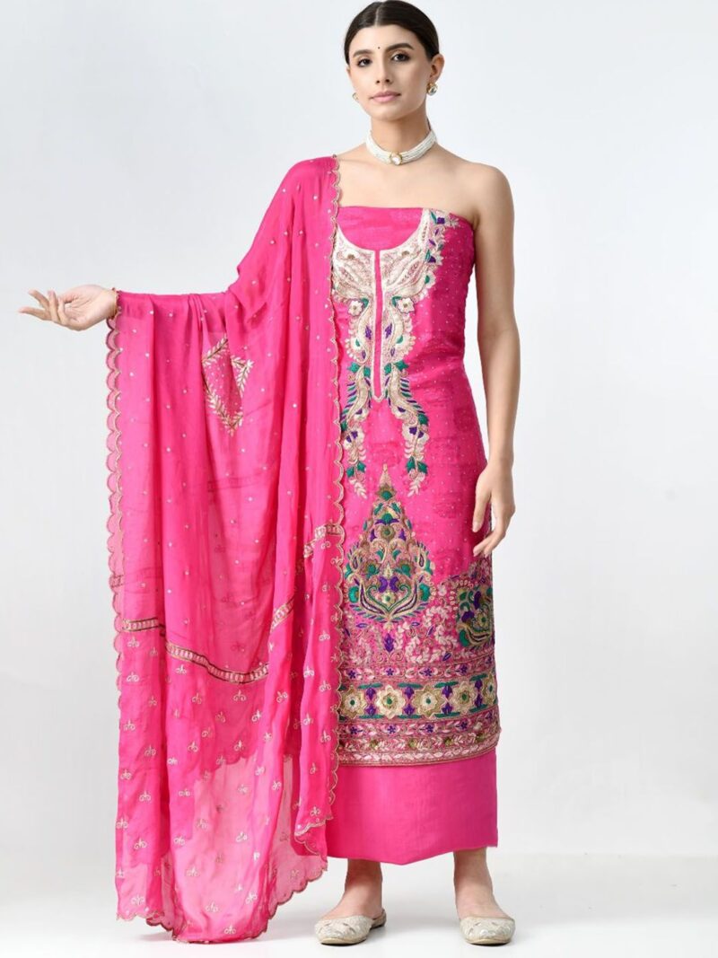 Floral Embroidered Zardozi Unstitched Dress Material - Image 3