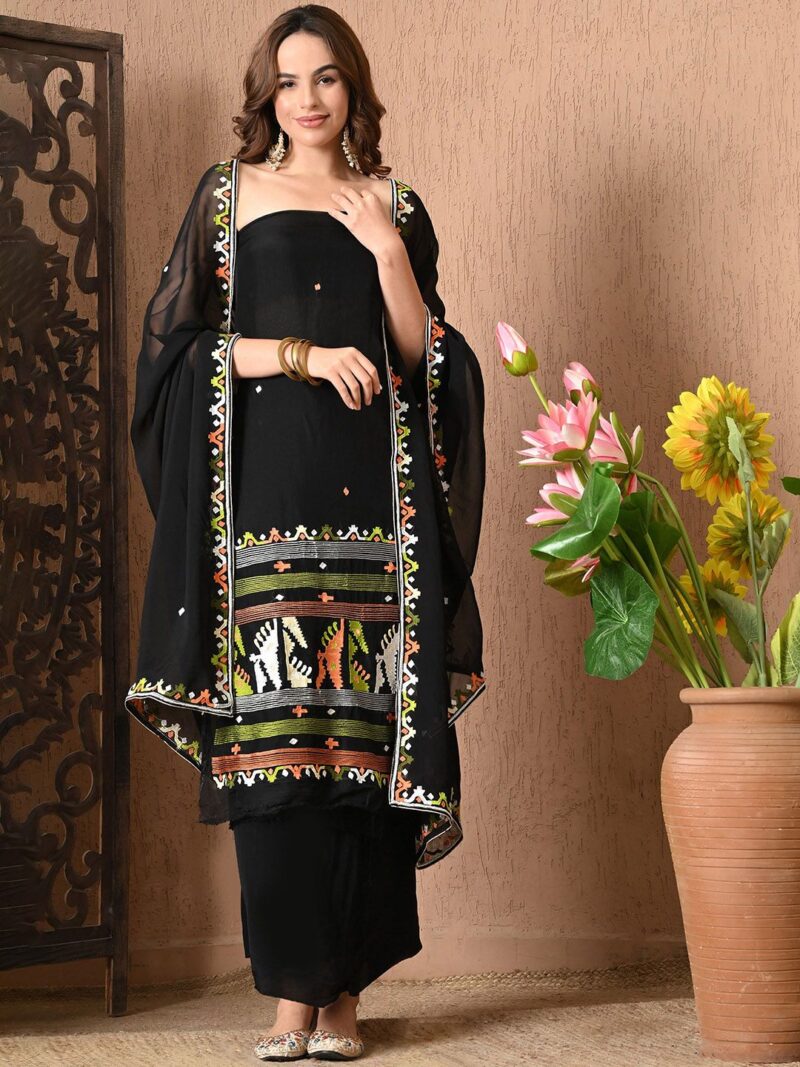 Abstract Embroidered Silk Crepe Unstitched Dress Material - Image 3