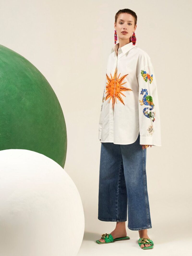Camilia Applique Oversized Cotton Casual Shirt - Image 3