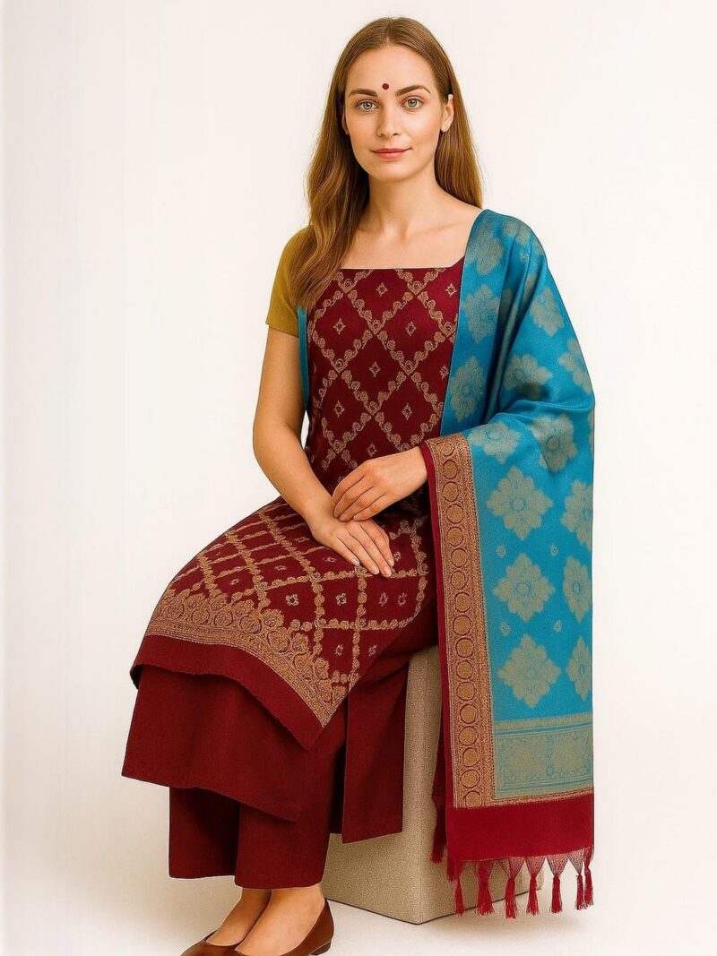 Women Maroon And Blue Embellished Pure Silk Unstitched Dress Material - Image 3
