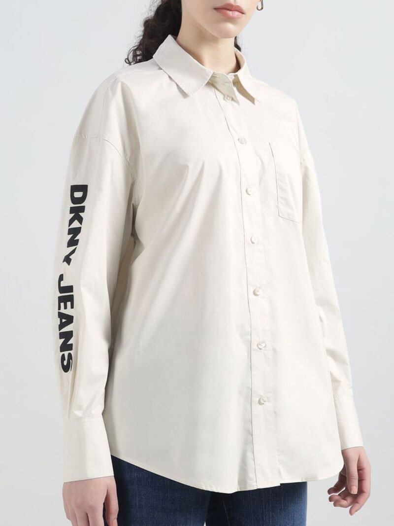 Women Typography Printed Spread Collar Cotton Casual Shirt
