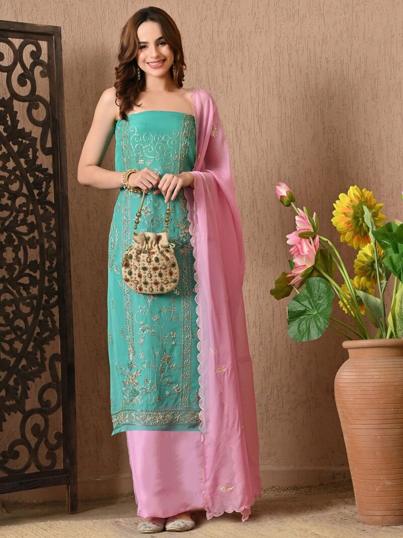 Embroidered Organza Unstitched Dress Material - Image 3